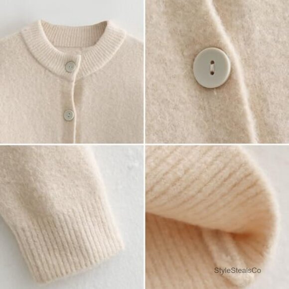Cropped Cardigan Sweater Slim Fit Long Sleeve Button Down Knit Top - Picture 3 of 7